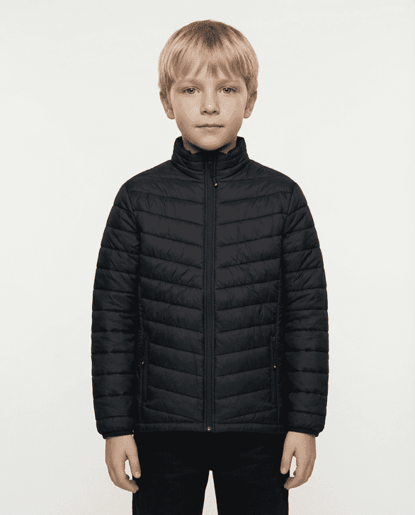 A black puffer jacket designed for kids, featuring a zip-up front and a stand collar.