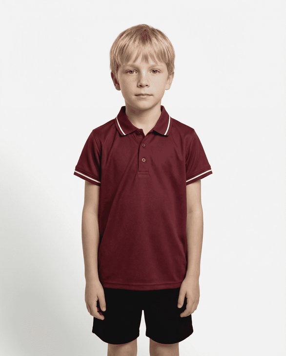 A maroon polo shirt for kids with contrasting trim, featuring a logo. Styled with a plain black bottom.
