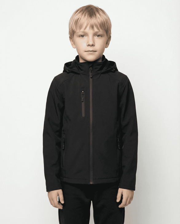 A black jacket featuring a zip front and hood, designed for kids, displayed on a child model.