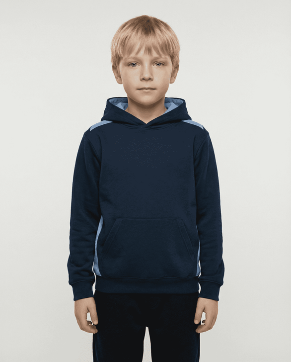 A navy blue hoodie for kids features a front pocket and a hood. It includes a logo on the upper chest area.