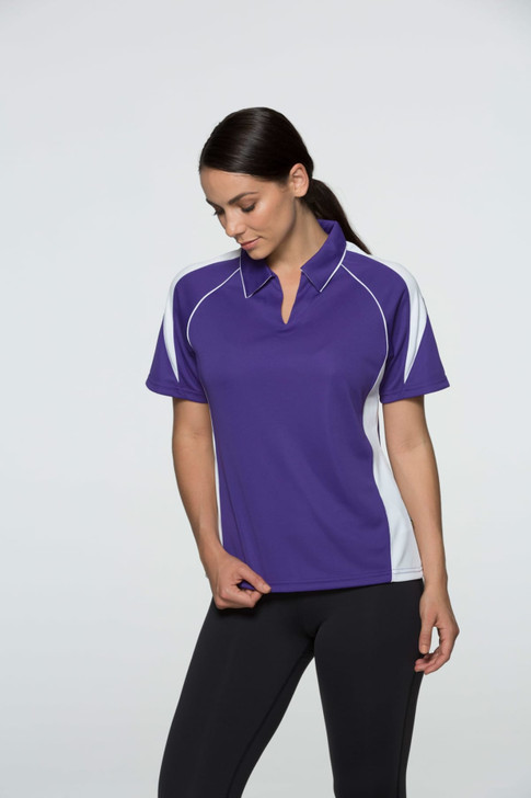 A purple polo shirt with white accents, featuring a logo, designed for women.