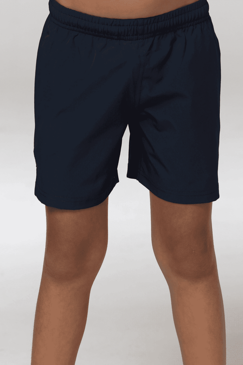 Navy sports shorts for kids featuring an elastic waistband and a simple design. Includes a logo.
