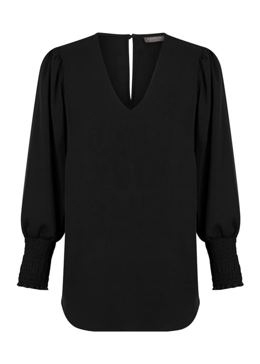A black V-neck shirt with puffed sleeves and smocked cuffs, featuring a button closure at the back and a branded label.