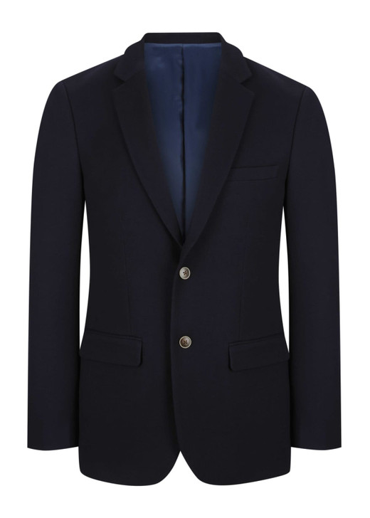 A navy blue men's blazer featuring a single-breasted design, two front pockets, and a tailored fit.