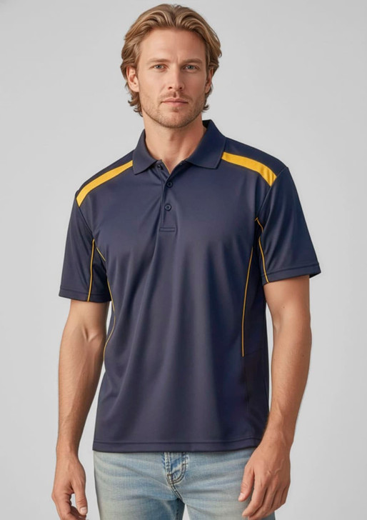 A navy blue men's short sleeve polo shirt with yellow accents and a logo.