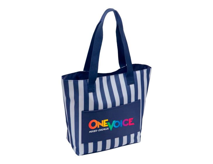 A navy and white striped tote bag with a pocket and a branded logo on the front.