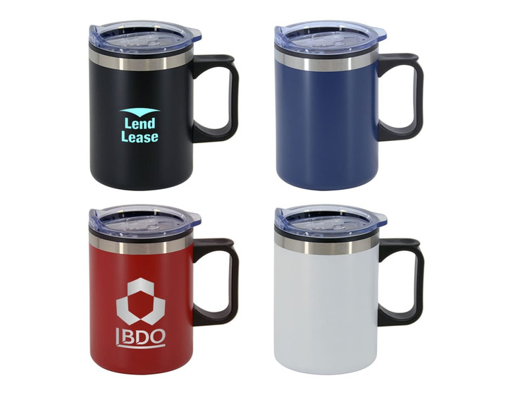 A double wall travel mug in black, navy, red, and white, each with a handle and a lid. Some feature logos.