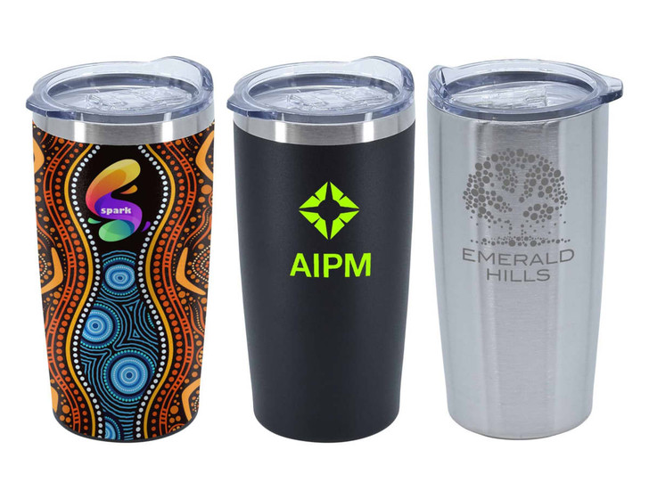 A drink bottle set featuring a patterned design, a matte black mug, and a stainless steel mug, all with lids.