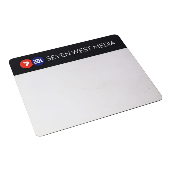 A rectangular mouse mat in shades of white and black, featuring a logo at the top.
