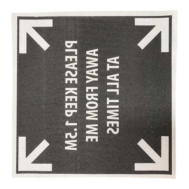 A square digital iron-on transfer featuring a black background with white directional arrows and text.