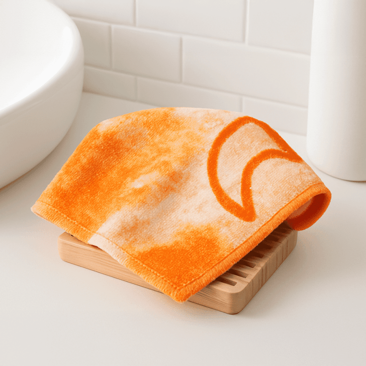 An orange face washer sits on a wooden soap dish, placed next to a white basin.