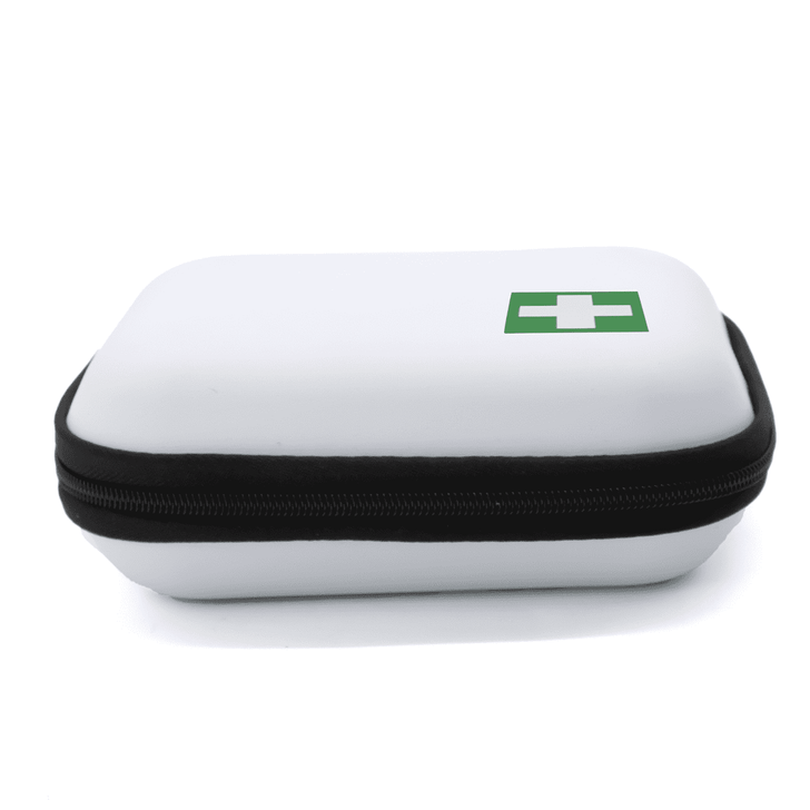 A compact white first aid kit with a green cross logo and a black zipper.