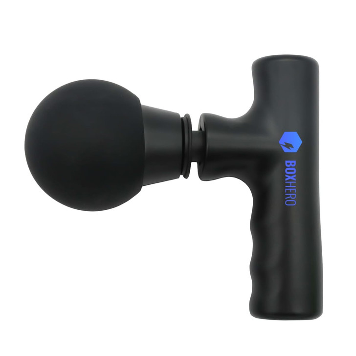 A black massage gun with a round attachment and a textured grip, featuring a logo on the handle.