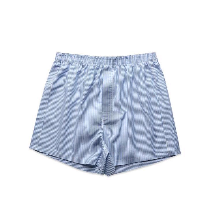 Light blue boxer shorts with a vertical stripe pattern, featuring an elastic waistband and no pockets.