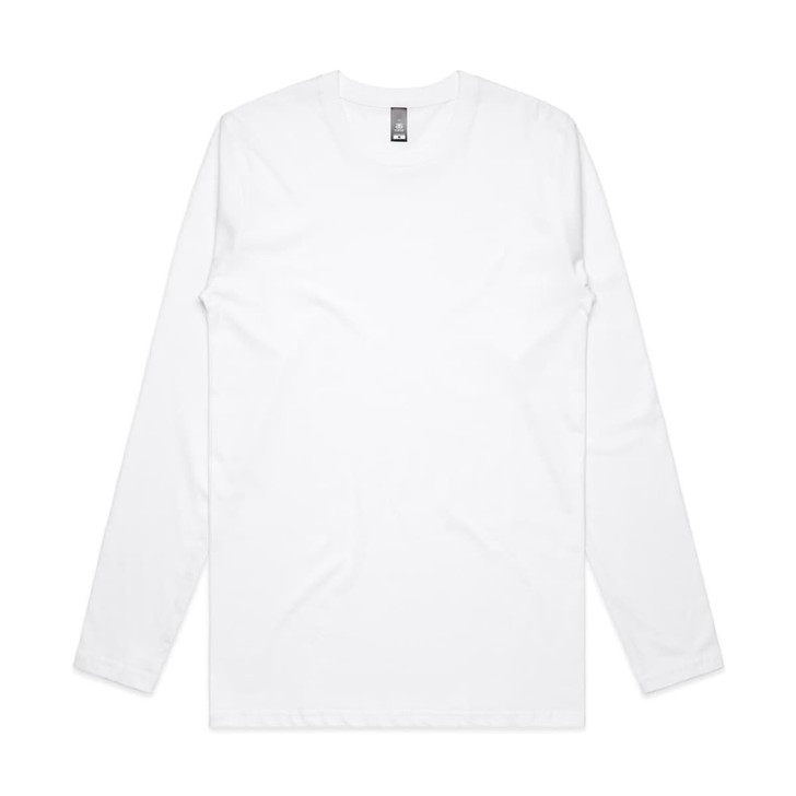 A white long-sleeve t-shirt with a crew neck and a logo on the label.