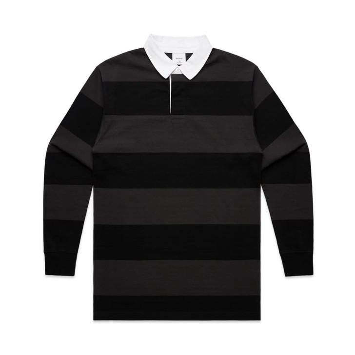 A long-sleeve polo shirt featuring black and grey rugby stripes, with a white collar and a branded logo.
