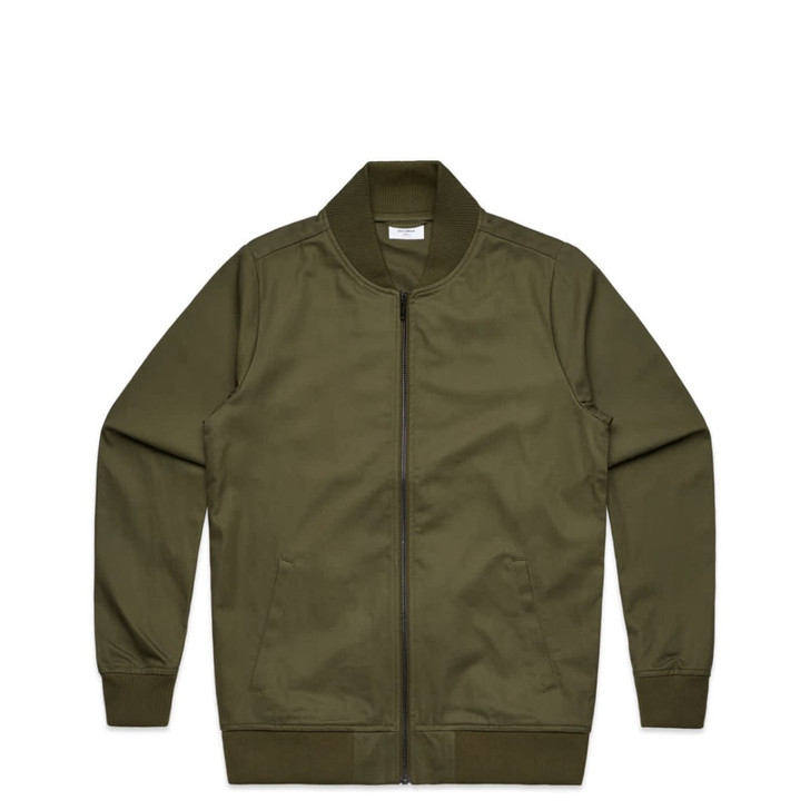 An olive green bomber jacket with a zip front and collar. The jacket has long sleeves and a simple design.