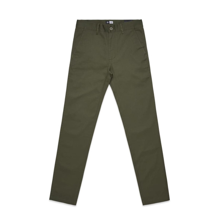 Olive green slacks with a straight leg design, featuring pockets and branding on the waistband.