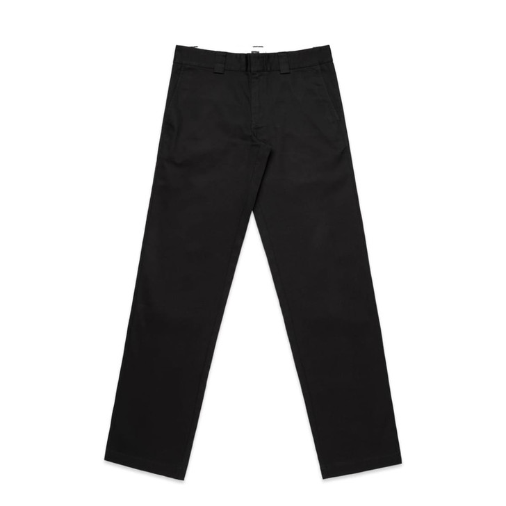 Black regular pants with a straight leg design, featuring a waistband and a branding logo.