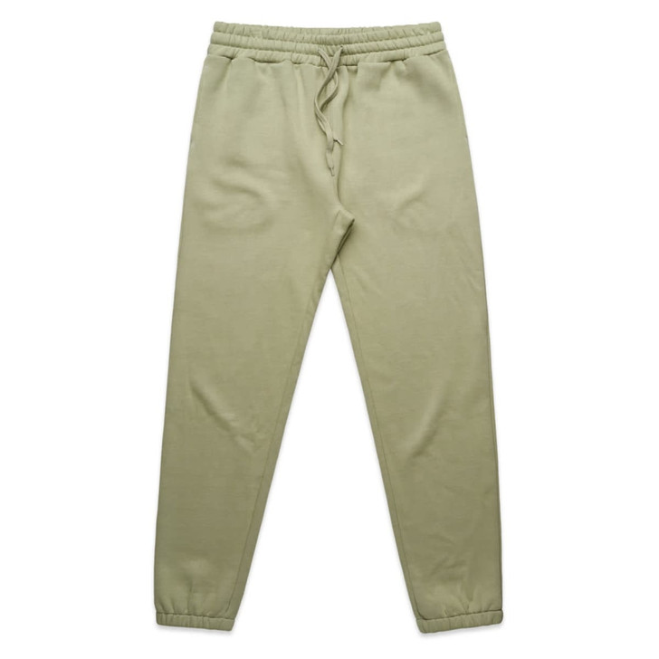 Light green track pants with an elastic waistband and cuffs, featuring a drawstring and a logo.
