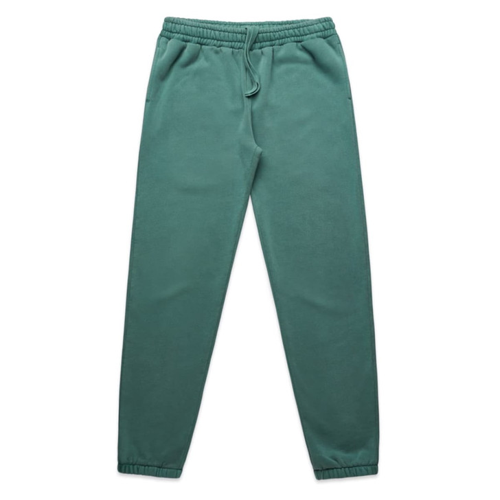 Faded green track pants with an elastic waistband and side pockets, featuring a logo.