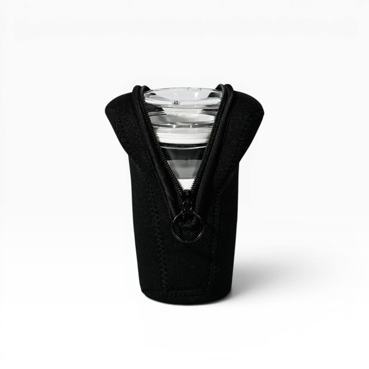 A black pouch with a zip, designed to hold a drink bottle securely. Features a logo on the front.