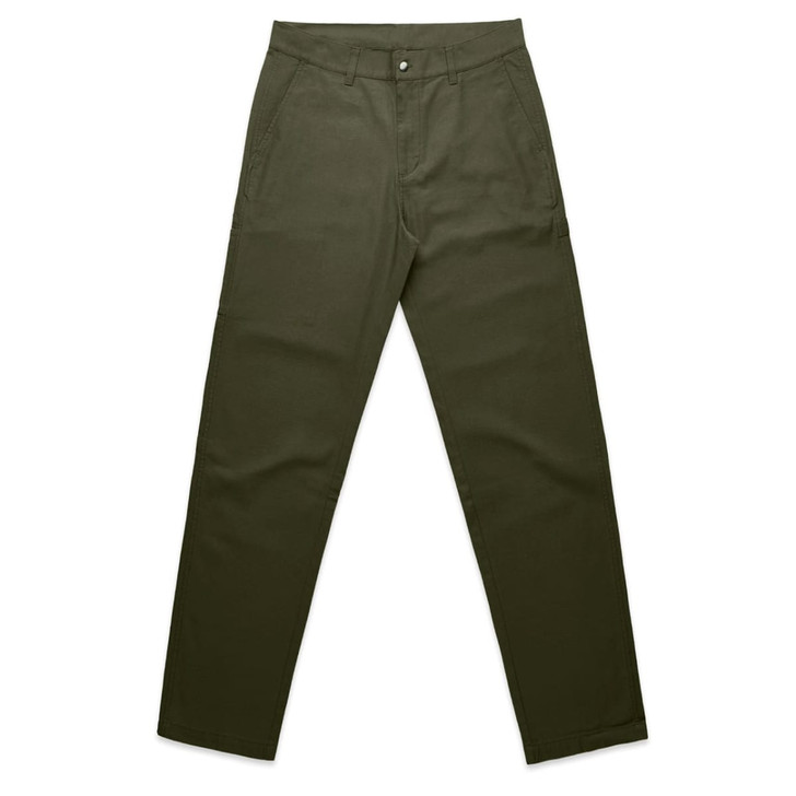 Utility pants in a dark olive green colour, featuring front pockets and a button closure. Includes a logo.
