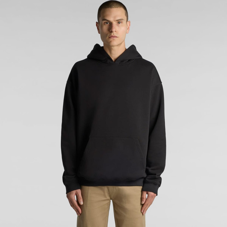A black hoodie with a spacious front pocket and a drawstring hood, featuring a logo on the front.