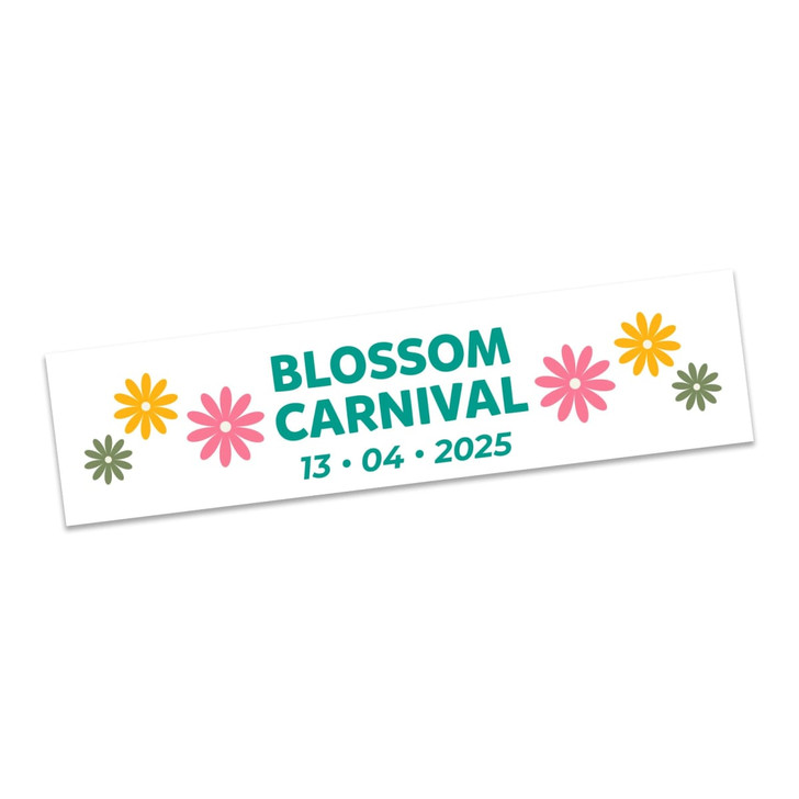 Colourful banner featuring floral designs and text for "Blossom Carnival" set for 13th April 2025, with a logo.