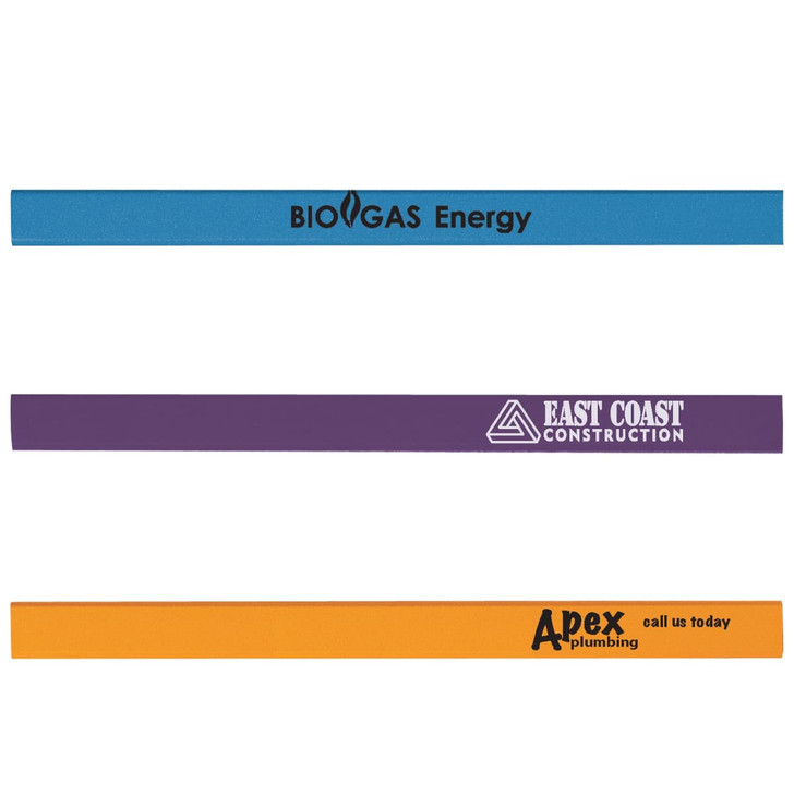 Three promotional pencils in blue, purple, and orange, each featuring different branding logos.