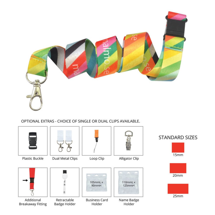 A vibrant, multi-coloured lanyard featuring a logo and various clip options for holding badges or keys.