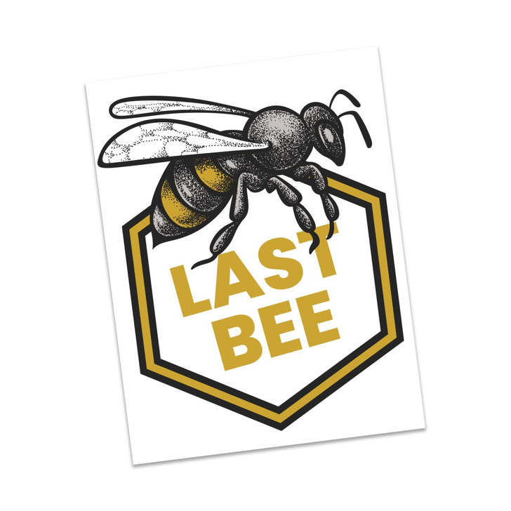 A temporary tattoo featuring a detailed illustration of a bee and the text "LAST BEE" encased in a hexagonal shape.