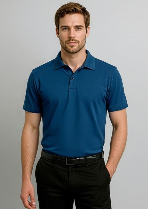 A short-sleeve polo shirt in navy blue, featuring a collar and a logo, worn by a man against a grey background.