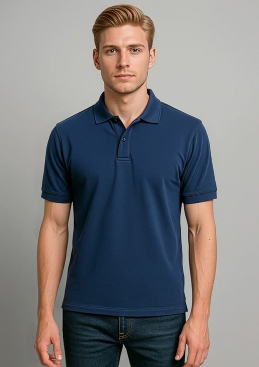 A navy blue short sleeve polo shirt for men with a classic collar and a logo.