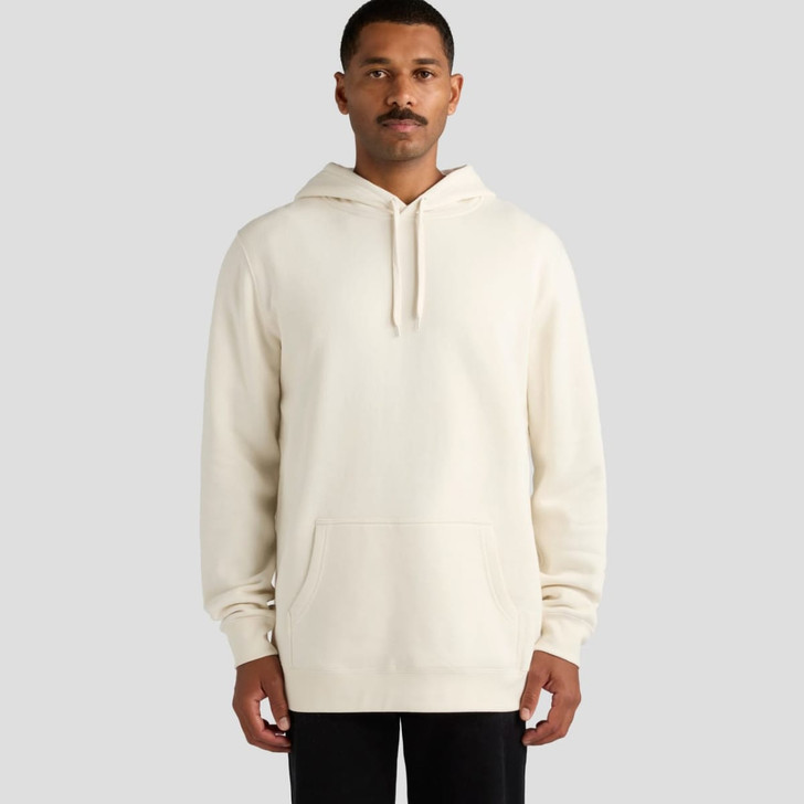 A cream-coloured hoodie with a front pocket and a drawstring hood. Features a branding logo.