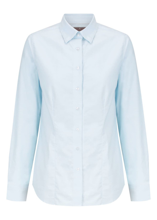 A light blue button-up shirt with long sleeves and a classic collar. It features a logo on the front.