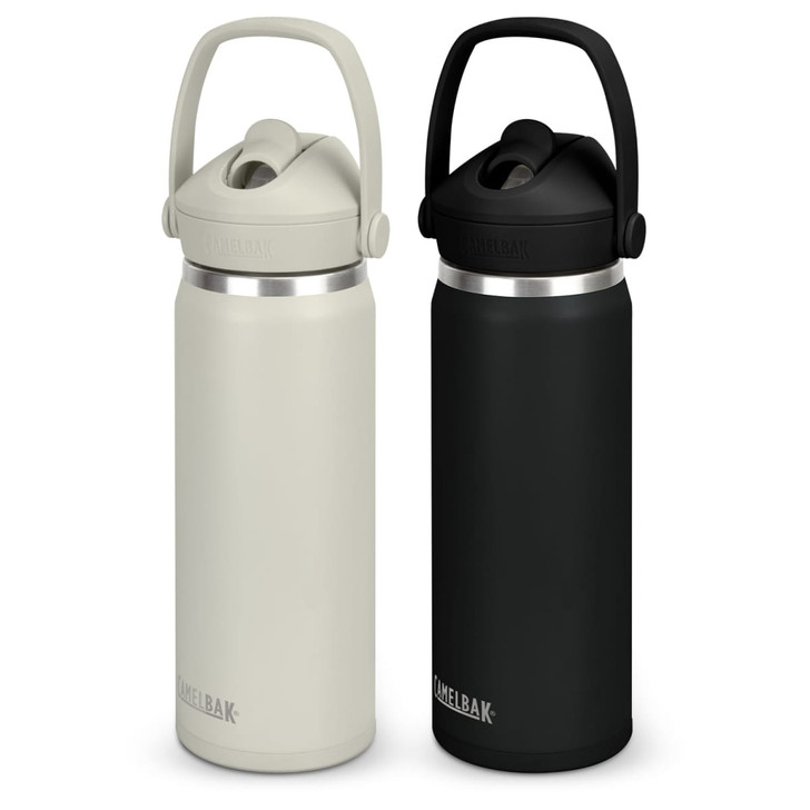 A drink bottle set featuring a light beige and a black colour option, both with a flip straw and carry handle.