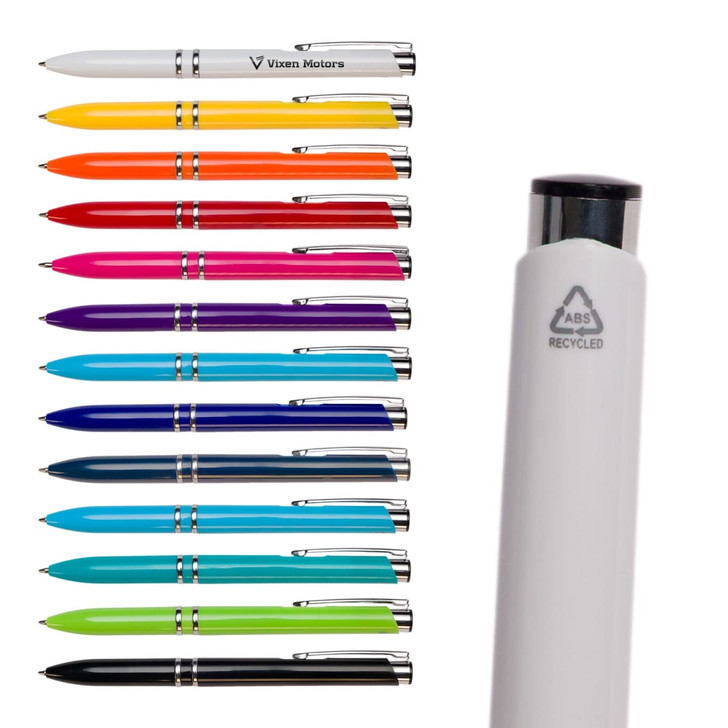A collection of brightly coloured plastic pens in various shades, featuring a white pen with a logo and a recycled symbol.