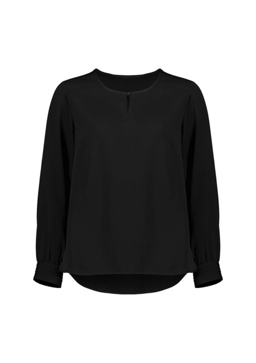A black long sleeve blouse featuring a round neckline and gathered cuffs. It has a subtle keyhole detail at the front.