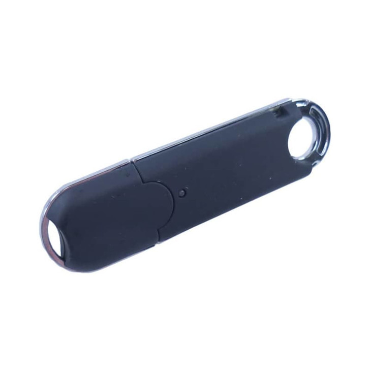 A black flash drive with a sleek design and a logo. It features two ends for easy handling.