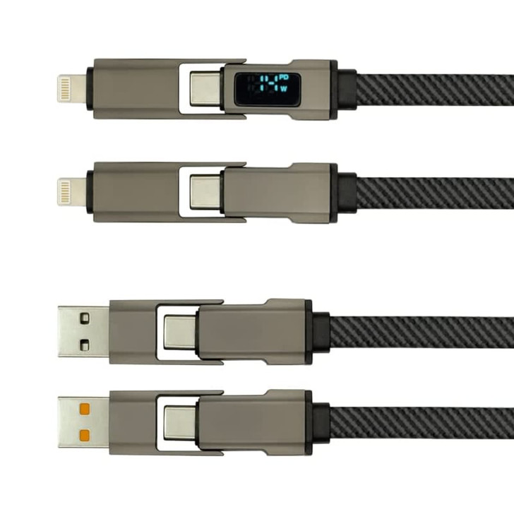 A grey and black fast charging cable with a digital display, featuring multiple connector types and a sleek design.