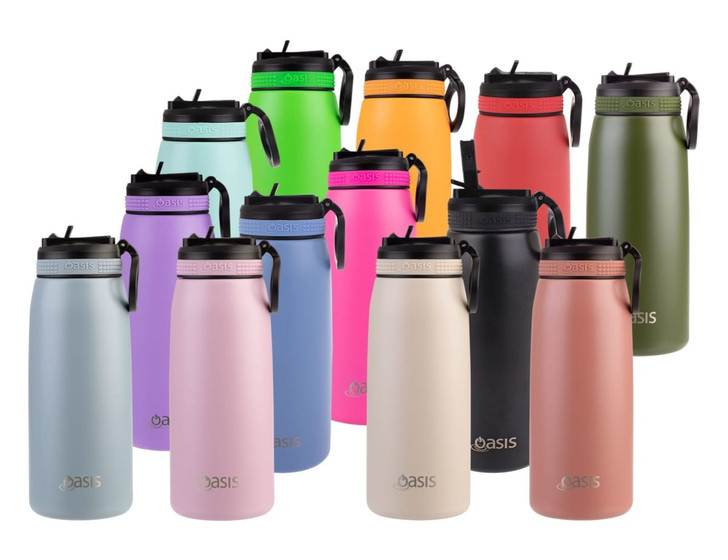 A drink bottle collection featuring various colours, including green, orange, pink, purple, black, grey, and beige, each with a logo.