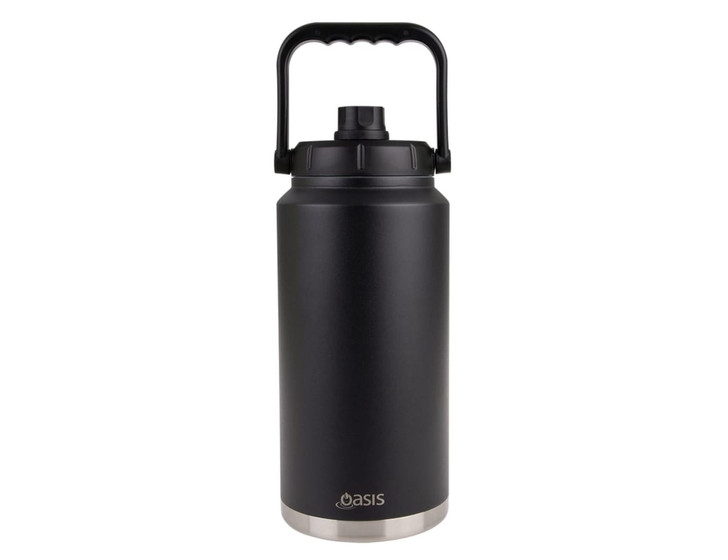 A drink bottle with a black exterior and stainless steel base, featuring a carry handle and a black lid.