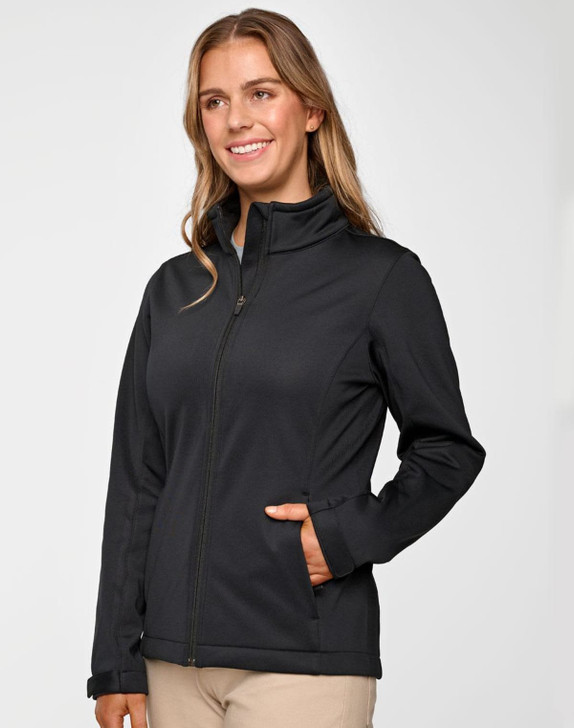 A black ladies' sustainable softshell corporate jacket with a zip front and side pockets, featuring a logo.