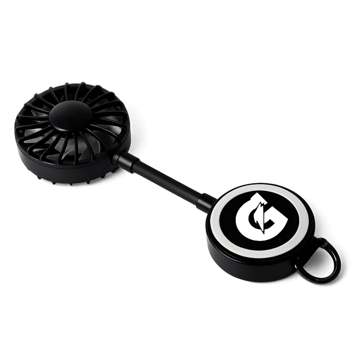 A black rechargeable fan with a round base featuring a logo. It has a compact design for easy portability.