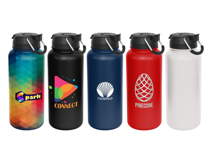 A drink bottle collection featuring colourful designs in black, navy, red, white, and a patterned option, each with a logo.