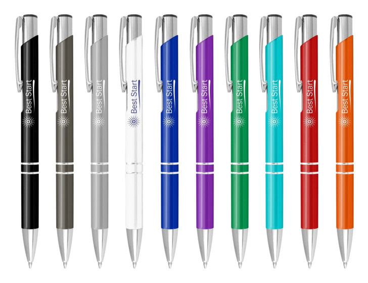 A collection of ten metal pens in various colours, including black, grey, white, blue, green, and orange, with branding.