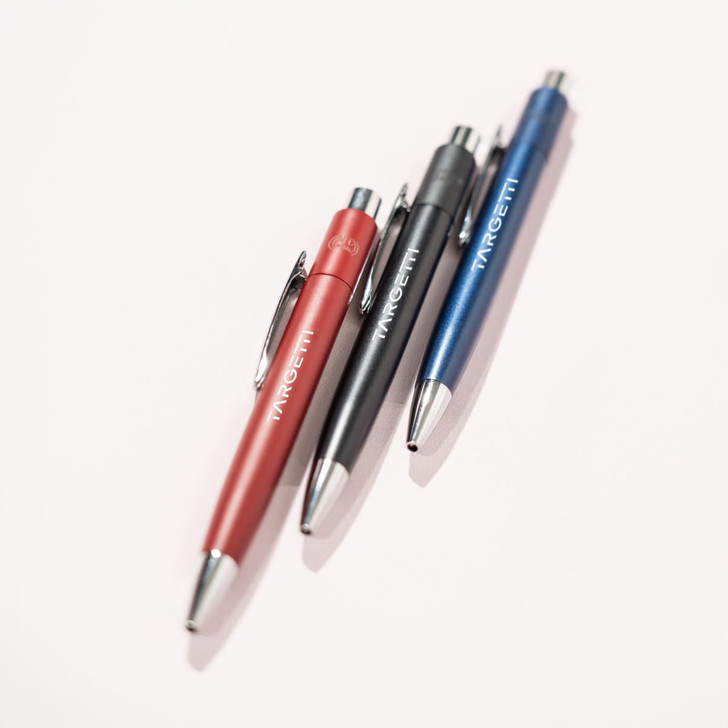 A collection of three metal pens in red, black, and blue, featuring chrome accents and a logo.