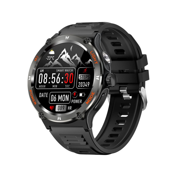 A black smart watch with a circular face featuring mountain graphics, digital time display, and fitness tracking metrics.