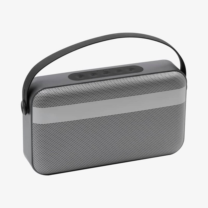 A wireless speaker in black and silver with a handle and control buttons on top. It has a metallic finish and a logo.